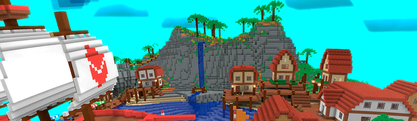 Panorama de uma aldeia de blocos junto ao mar em Crafty Lands: Crie & Explore