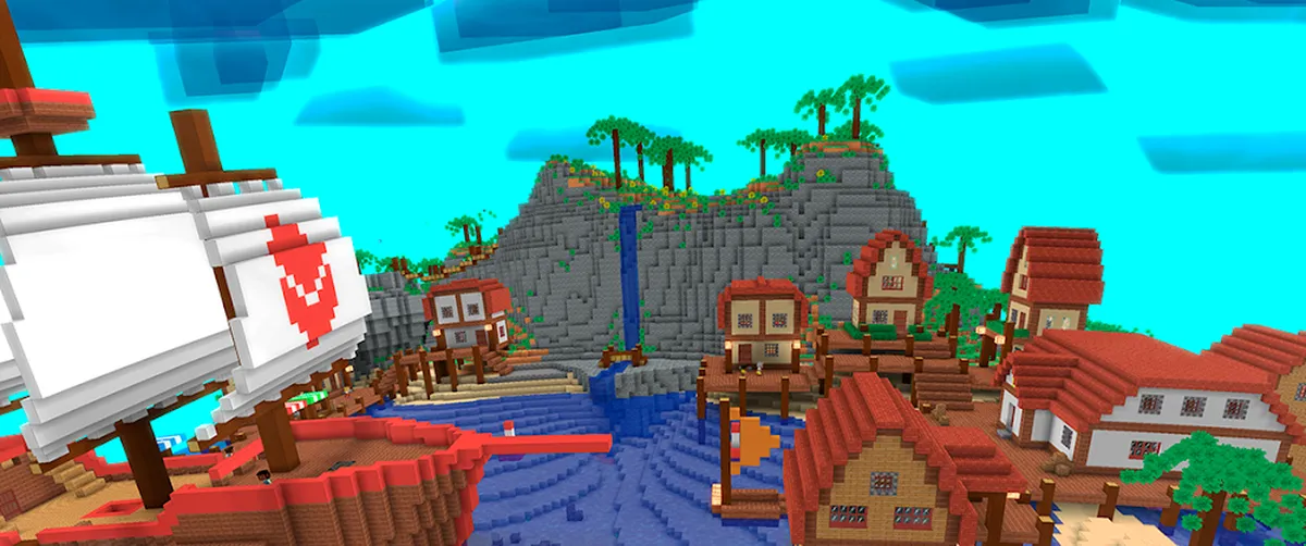 Aldeia costeira de blocos com telhados vermelhos e um veleiro, no jogo Crafty Lands: Crie & Explore