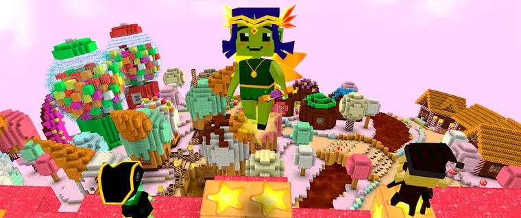 Cenário colorido com blocos decorativos e céu rosado em Crafty Lands