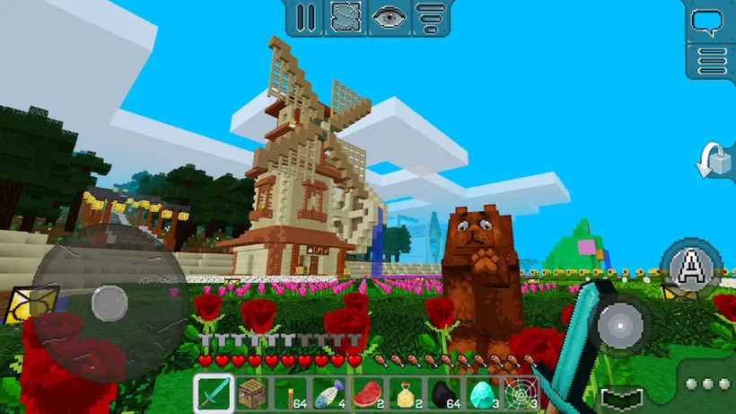 Construção de blocos com telhado curvo e jardim, no jogo MultiCraft — Build and Mine!